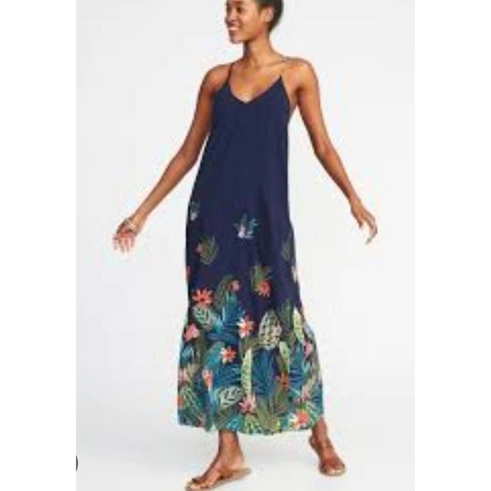 Old Navy Womens Navy Blue Maxi Dress Sleeveless Tropical Floral Size L